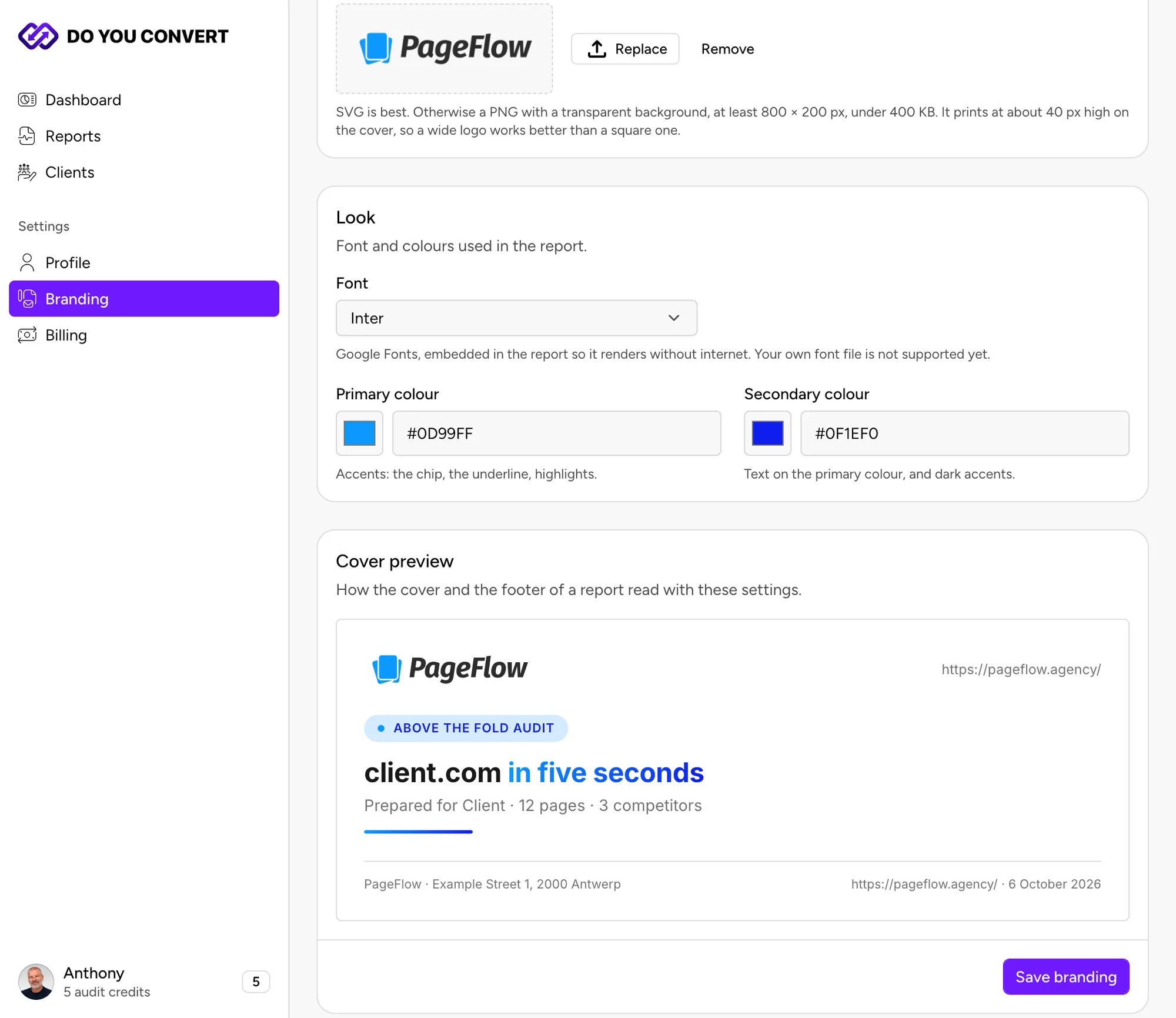 Cover preview in the studio: the PageFlow logo, an Above the Fold Audit chip, the headline in PageFlow's blue and PageFlow's address in the footer